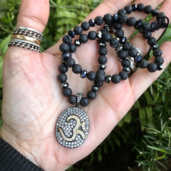 Om sign necklace . Genuine black Lava rock hematite rodhium cz medal boho choker - Picture 2 of 14